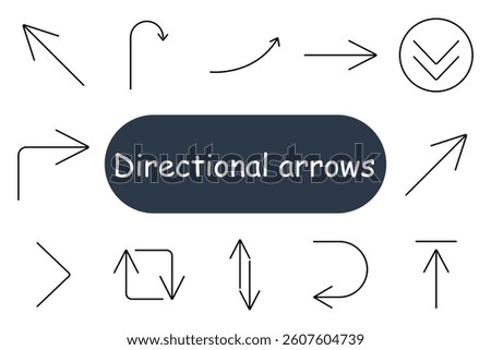 Directional arrows set icon. Outlined vector-style arrows forming various paths including bends, hooks, spirals, upward and downward flows, loops, and UI-based navigation