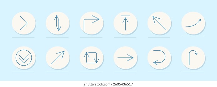 Directional arrows set icon. Right, vertical, corner, up, diagonal, curve, circle, down, square, forward, rotate, return, navigation