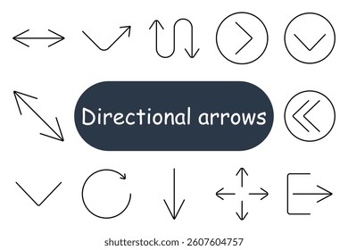 Directional arrows set icon. Thin icons displaying multiple arrow shapes with curves, loops, straight lines, double ends, circular and directional flow indicators