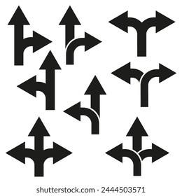 Richtungspfeile gesetzt. Variation der Straßenschilder. Navigationszeiger. Einfache geometrische Formen. Vektorillustration. EPS 10.