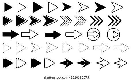 Directional arrows in various styles and orientations, showcasing range of designs from solid to outlined. These arrows can be used for navigation, graphic design, or instructional purposes, adding.