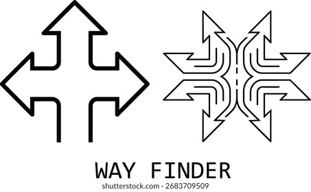 Concepto Wayfinder de flechas direccionales Navegación de opciones y caminos hacia adelante en diseño en blanco y negro