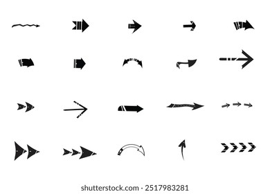 Seta preta para a direita ou conjunto de sinais ícone para IU da Web, desenho de produto digital element.Direction set. Cursor. Setas simples modernas. ilustração