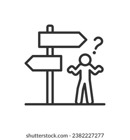 Directional choice, linear icon. A man stands in front of a directional signpost and wonders, spreads hands. Doesn't know where to go. Line with editable stroke