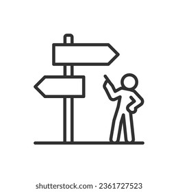 Directional choice, linear icon. A person stands in front of a directional sign and chooses where to go. Line with editable stroke