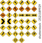 Directional and Curve Traffic Signs: Turns, Curves, Lane Shifts, Winding Roads, Arrows, Chevrons, and Truck Rollover Warnings. Road signs in the United States.