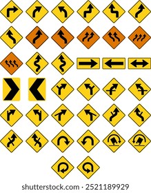 Richtungs- und Kurvenverkehrszeichen: Kurven, Kurven, Spurwechsel, kurvenreiche Straßen, Pfeile, Chevrons und LKW-Rollover-Warnungen. Straßenschilder in den Vereinigten Staaten.