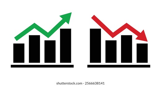 Directional financial arrows highlighting market trends, including growth and decline in black and red. Great for business analysis, stock market tracking, and economic performance visuals.