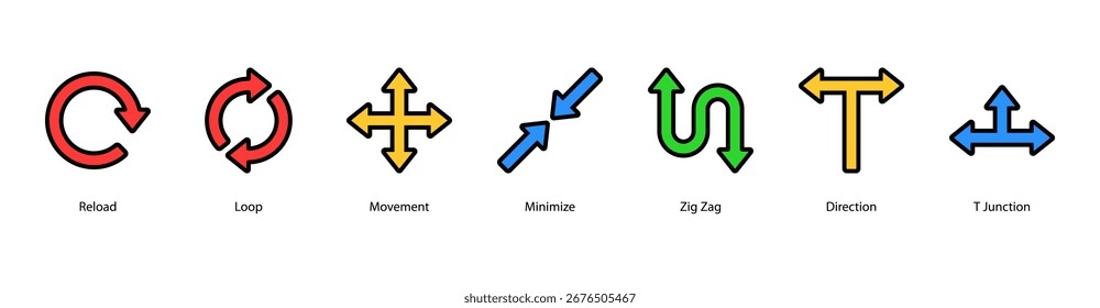 Banner da Web de fluxo direcional com Recarregar, Loop, Movimento, Minimizar, Zig Zag, Direção e Junção T, representando o movimento, caminhos e conceitos de navegação digital.