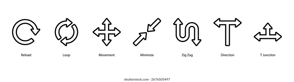 Directional Flow web banner featuring Reload, Loop, Movement, Minimize, Zig Zag, Direction, and T Junction, representing motion, paths, and digital navigation concepts.