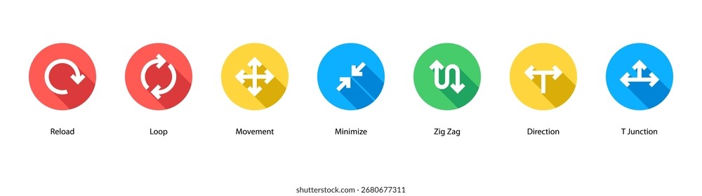 Vektorgrafik des Directional Flow-Webbanners mit Reload, Loop, Movement, Minimize, Zig Zag, Direction und T Junction.