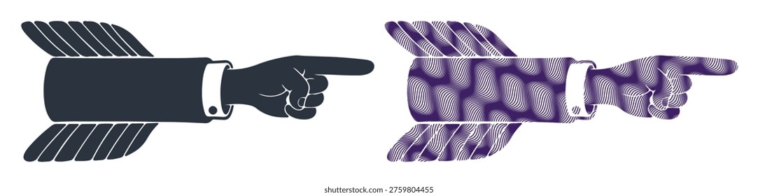 Directional gesture, abstract wings, pointing forward, symbolic meaning, creative design.