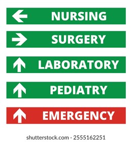 Directional green an red hospital signs on a white background