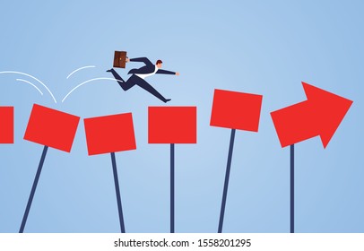 Directional guidance concept, businessman runs along the arrow of guidance