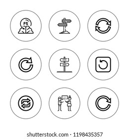 Directional icon set. collection of 9 outline directional icons with disbelief, loop, redo, refresh, sign post icons. editable icons.