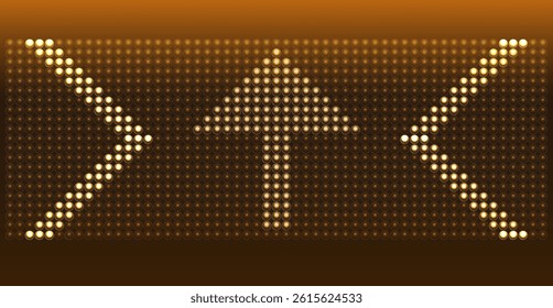 Directional LED display with arrows indicating movement and guidance in a dimly lit environment.