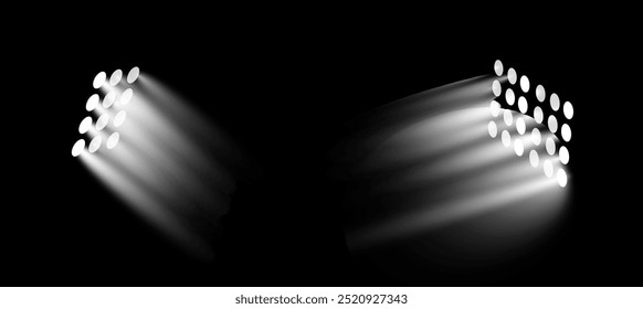 Directional lights for stage, concert or performance, arena or football stadium. Vector isolated set of realistic lamps for theater or cinema, presentation or club. Entertainment scene illumination
