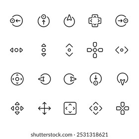 Conjunto de ícones de controle direcional e de navegação. ícones que representam gamepad, controles direcionais, navegação, setas, d-pads, indicadores direcionais circulares e cruzados. vetor