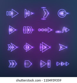 Directional Neon Holographic Arrows. Pointers, Navigation Arrow With Luminosity Effect. Future Tech Hud Cyber Ui Vector Set. Glowing Bright Pointer, Electric Illuminated Illustration