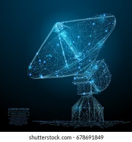 Directional radio antenna. Astronomy. Abstract image of a radio telescope in the form of a starry sky or space, consisting of points, lines, and shapes, stars and the universe. Vector cosmos concept.