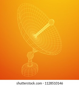 Directional radio antenna with satellite dish. Astronomy radio telescope . Wireframe low poly mesh vector illustration