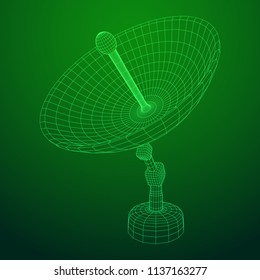 Directional radio antenna with satellite dish. Astronomy radio telescope . Wireframe low poly mesh vector illustration
