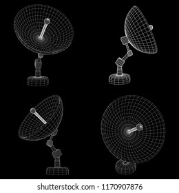 Directional radio antenna with satellite dish. Astronomy radio telescope . Wireframe low poly mesh vector illustration