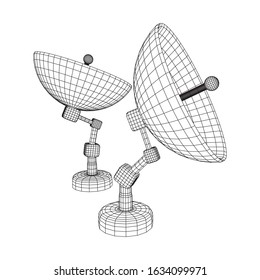 Directional radio antenna with satellite dish. Astronomy radio telescope. Wireframe low poly mesh vector illustration