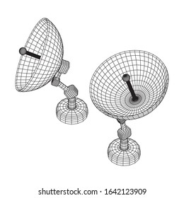 Directional radio antenna with satellite dish. Astronomy radio telescope. Wireframe low poly mesh vector illustration