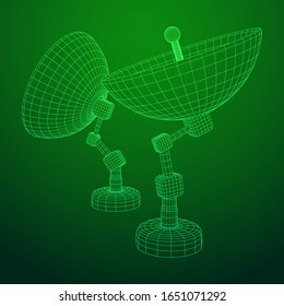 Directional radio antenna with satellite dish. Astronomy radio telescope. Wireframe low poly mesh vector illustration