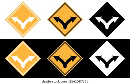 Directional Road Sign Variations Left or Right Turn Ahead. Vector illustration isolated on black and white background.