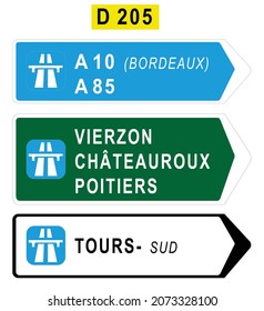 DIRECTIONAL ROAD SIGNS IN FRANCE ARE COLOUR CODED:
Blue indicates Autoroute. Green indicates important or major roads.
White indicates local roads. A Quick Guide to Road Signs in France