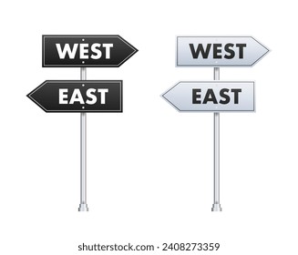 Directional Road Signs Pointing East and West, Vector Illustration of Guideposts in Black and White for Navigation and Travel