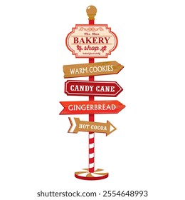 Directional sign with arrows gingerbread, caramel cane, hot cocoa and Directional sign with arrows gingerbread, caramel cane, hot cocoa. Mrs. Claus bakery Christmas road sign with ginger man.