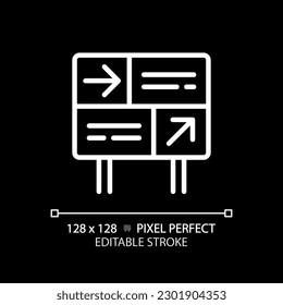 Directional sign pixel perfect white linear icon for dark theme. Train station. Navigation system. Railway platform. Thin line illustration. Isolated symbol for night mode. Editable stroke