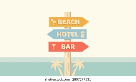 Directional signpost for beach hotel and bar with tropical palm trees on a light background signpost direction tropical