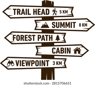 Directional signpost indicating hiking trail distances to summit, cabin, and viewpoints in nature