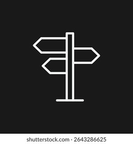 Directional Signpost with Multiple Arrows on Black Background, Representing Guidance or Choices, White Outline Icon