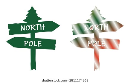 Directional signpost pointing to North Pole, with christmas tree. Festive holiday and winter travel marker. Seasonal destination and journey symbol.
