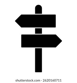 Directional signpost vector icon. Two-way road sign for navigation, travel or decision making. Black silhouette isolated on white background.