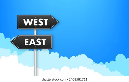 Directional Signposts for East and West with Blue Sky and Clouds Background, Vector Illustration for Travel and Navigation Concepts