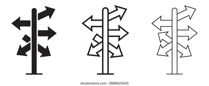 Directional signs with multiple arrows on pole in black and white line art styles for navigation and guidance on roads or paths various directional signs with arrows