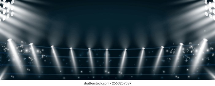 Directional sources, football field searchlights. Vector cold rays, sport arena lighting design, different projectors, Illuminated scene for performance or show. Bright illumination set