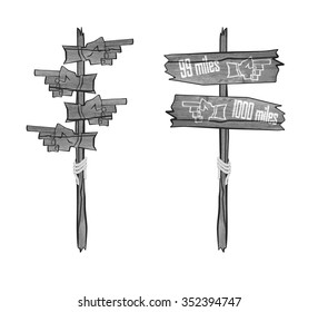 directions are correct and incorrect

pointer from the old tree.It shows in different directions. Broken boards and a rope tied