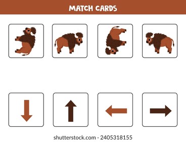 Directions with cute cartoon brown American bison. Left, right, up or down.
