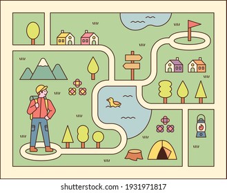 Directions game illustration. A man is standing on the map and looking for his target point. flat design style minimal vector illustration.