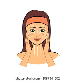 Directions how to apply face cream. Vector illustration.