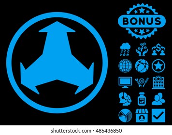 Directions icon with bonus elements. Vector illustration style is flat iconic symbols, blue color, black background.