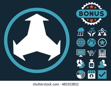 Directions icon with bonus pictogram. Vector illustration style is flat iconic bicolor symbols, blue and white colors, dark blue background.