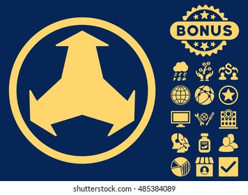Directions icon with bonus pictures. Vector illustration style is flat iconic symbols, yellow color, blue background.
